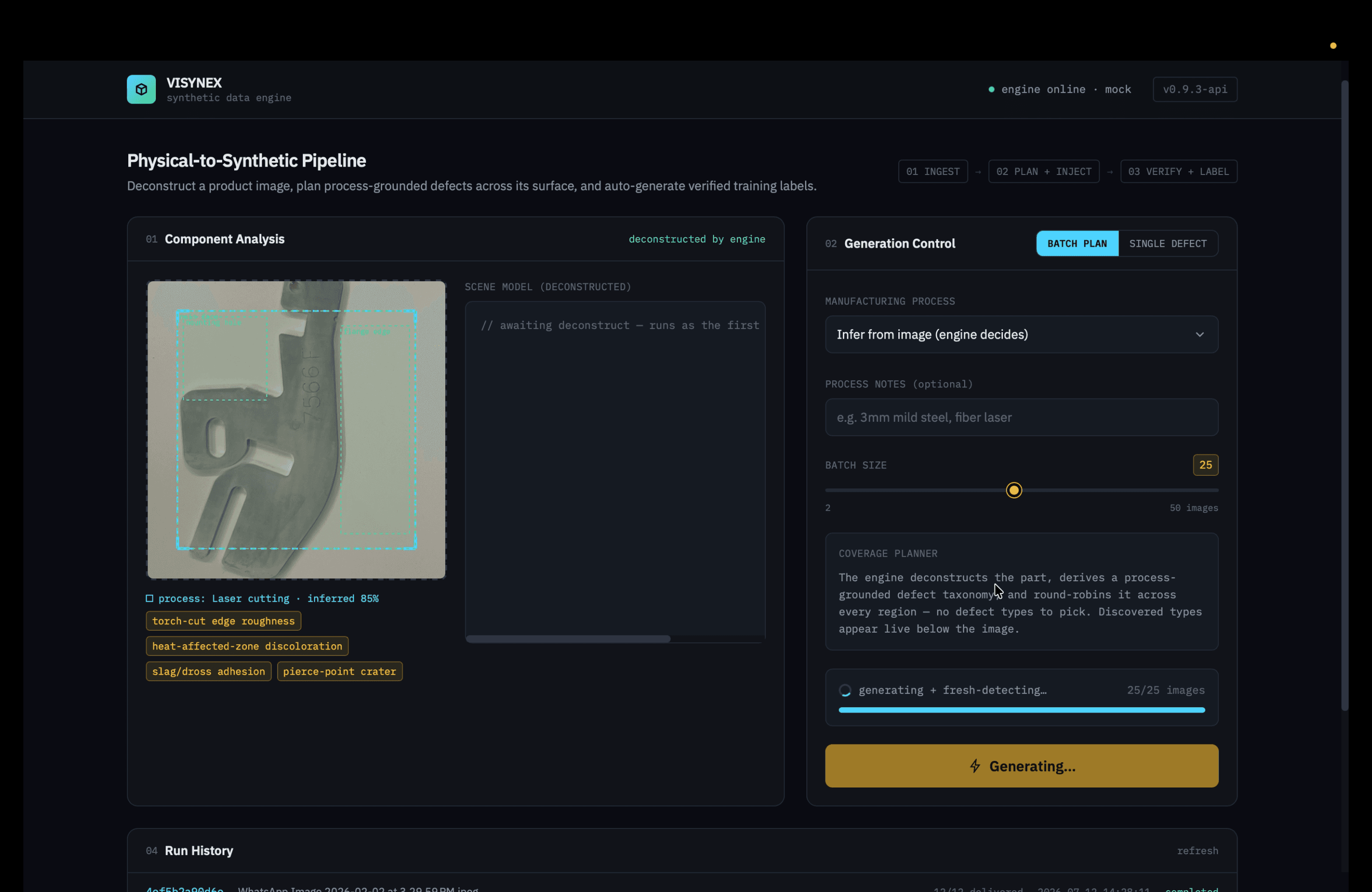 Visynex Studio console — component analysis and generation control